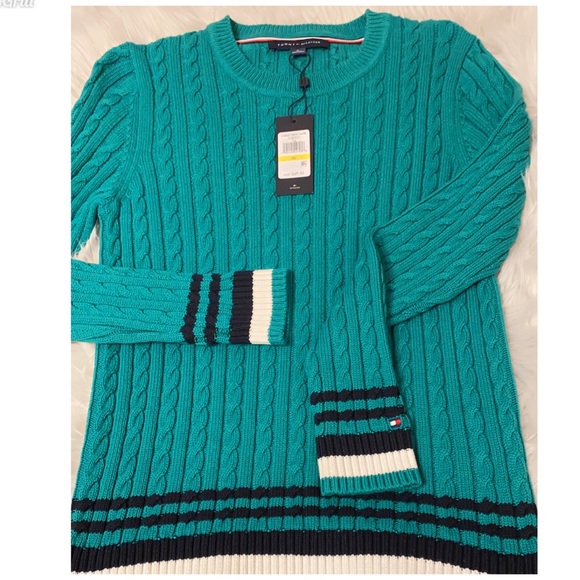 Tommy Hilfiger Cable-Knit Striped-Hem Women’s Sweater Color: Green - Picture 3 of 5